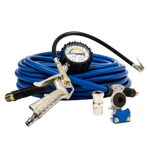 Truck Tire Inflation Kit — Inflator Gun with Pressure Gauge + 50ft Blue Air Hose + Glad Hand— Connects to Onboard Air